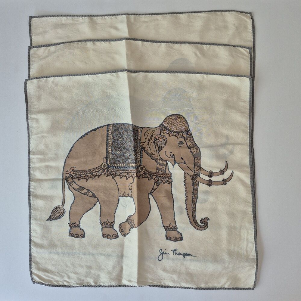 Jim Thompson 100% Thai Silk Set of 3 Elephant Pocket Square Handkerchief Scarf